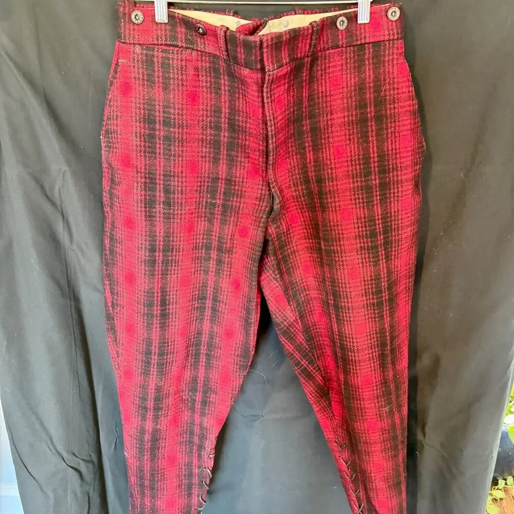 VTG 40/50s Woolrich Wool Hunting Pants Red Plaid Mackinaw Knickers Laced‎ 32x27